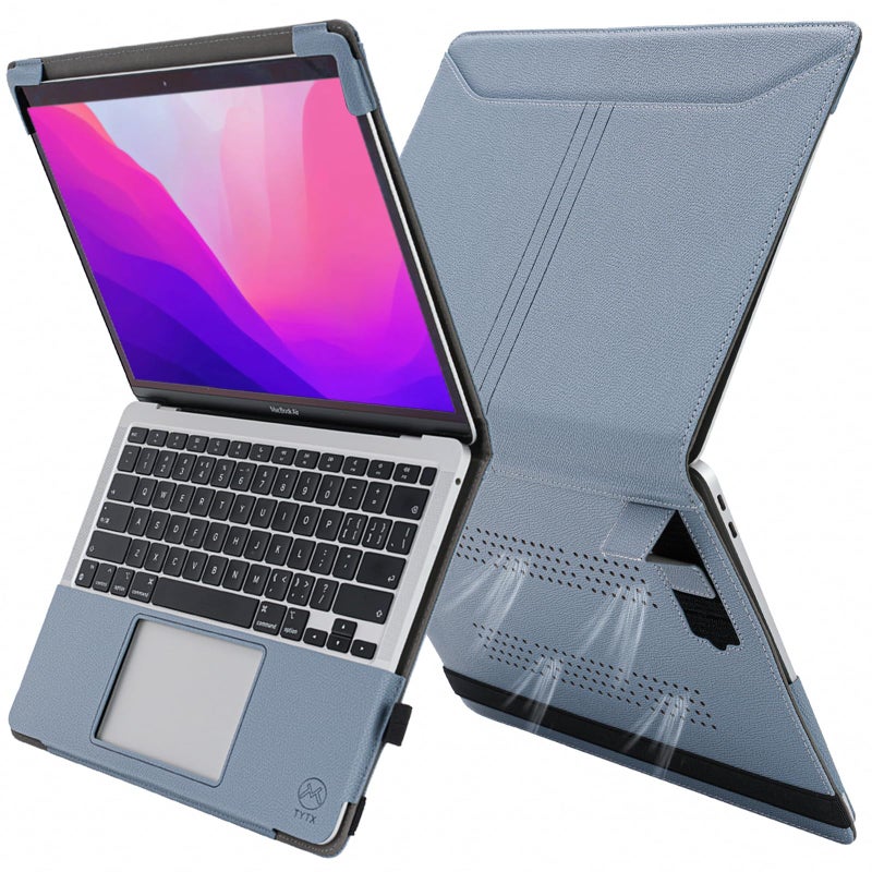 TT TYTX TYTX Compatible MacBook Pro Case 13 Inch, PU Leather Laptop Cover for 2016-2024 Model M2 A2338 M1 A2251 A2289 A2159 A1989 A1708 A1706, with Vents and Stand Function, GrayBlue - Image 1